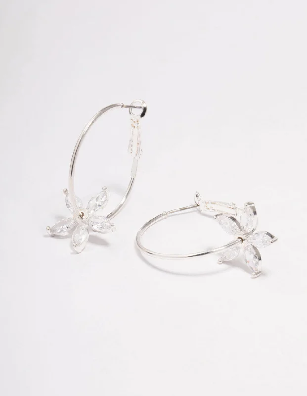 Affordable earrings for casual wear-Silver Cubic Zirconia Flower Hoop Earrings