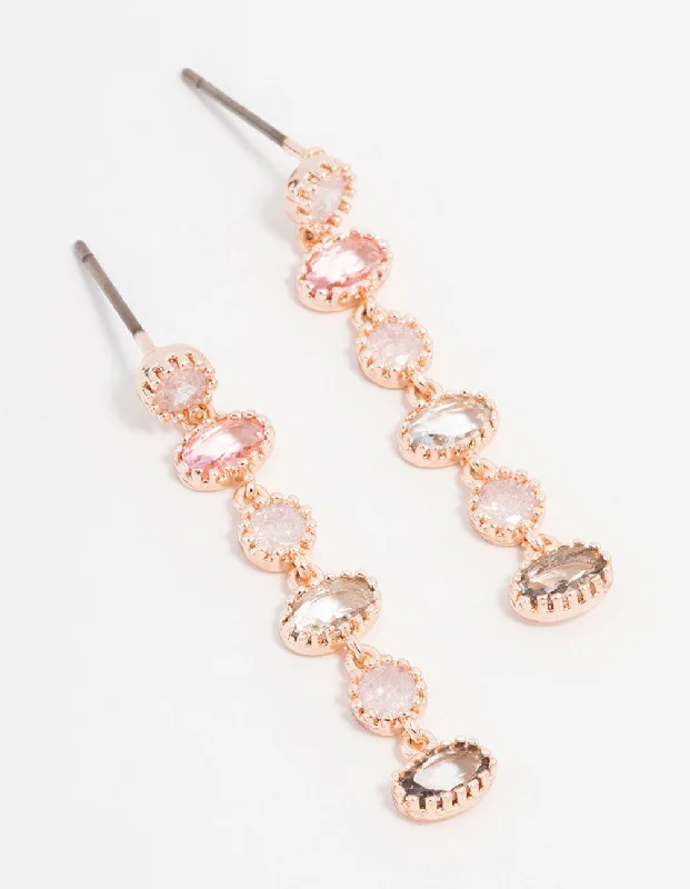 Stunning earrings with moonstones-Rose Gold Plated Cubic Zirconia Oval & Round Stone Drop Earrings