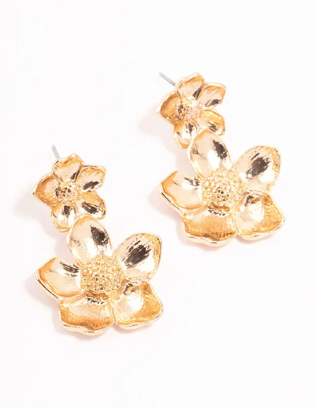 Fashionable hoop earrings with charms-Gold Double Flower Drop Earrings