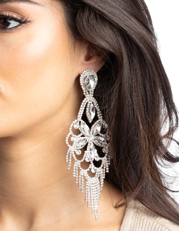 Affordable earrings for everyday wear-Silver Diamante Statement Earrings