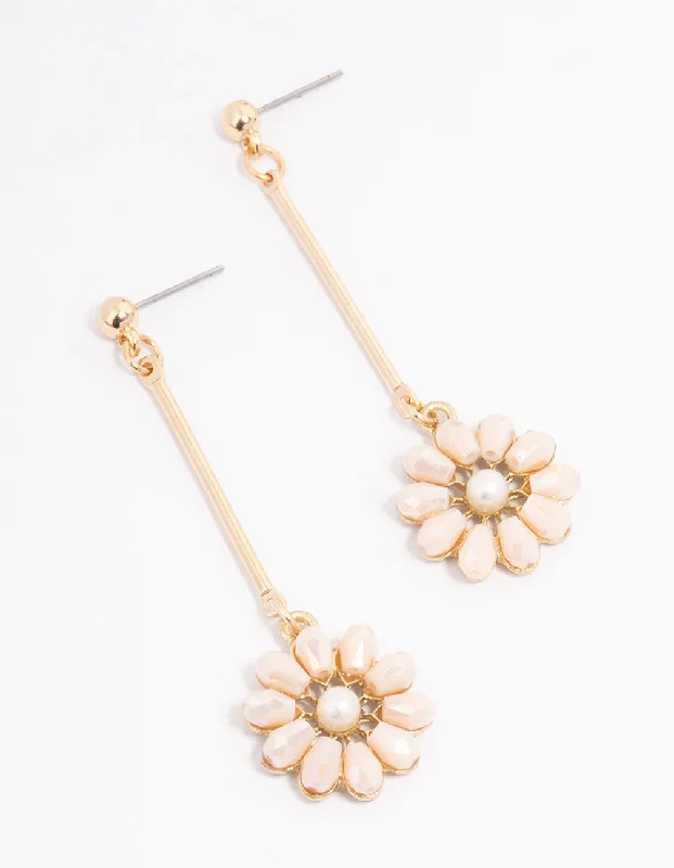 Unique earrings with freshwater pearls-Blush Pearl Flower Bar Drop Earrings