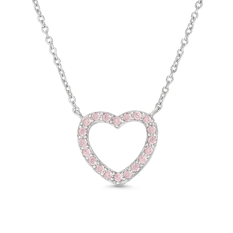 Modern silver necklaces for women-Pink CZ Open Heart Necklace in sterling Silver