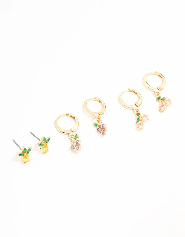 Custom-made earrings with initials-Gold Mixed Fruit Studs & Huggie Earrings 3-Pack