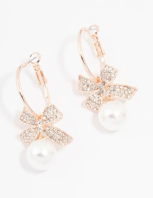 Unique earrings with black diamonds-Rose Gold Bow & Pearl Drop Hoop Earrings