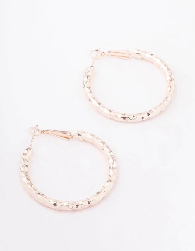 Beautiful drop earrings with garnets-Rose Gold Geometric Textured Hoop Earrings