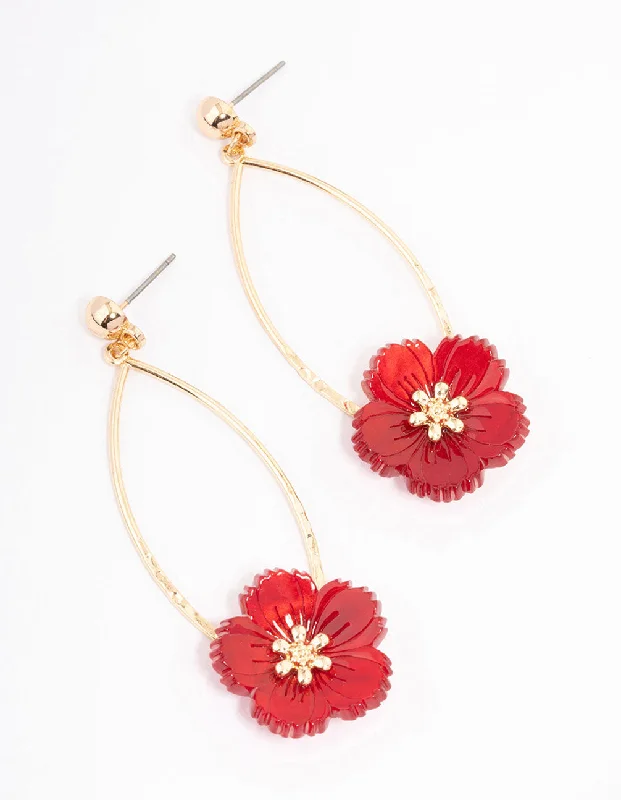 Fashionable earrings with geometric shapes-Red Oval Wire Flower Drop Earrings