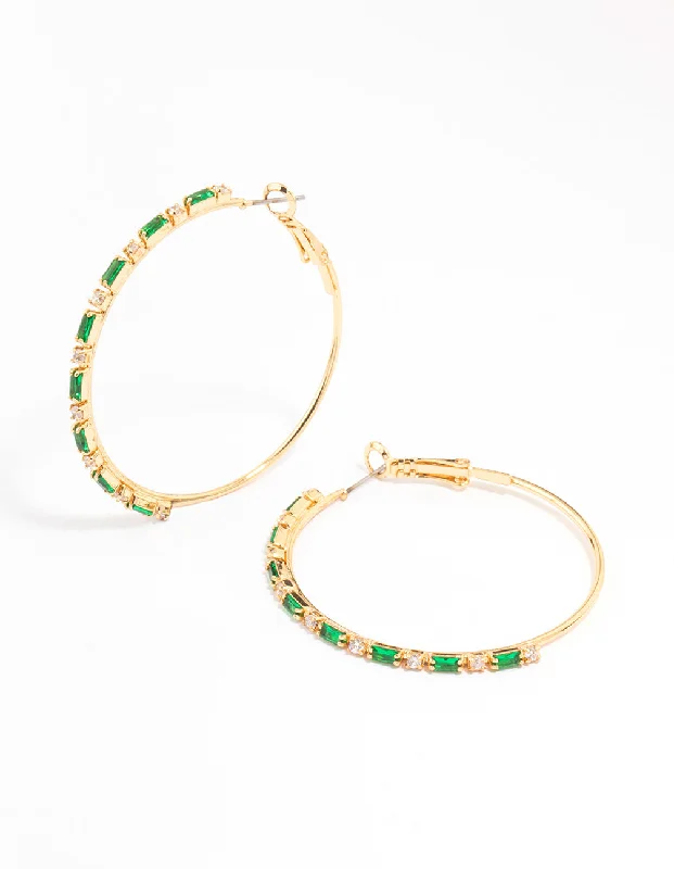 Beautiful earrings with amethyst stones-Gold Plated Emerald Round & Baguette Large Hoop Earrings