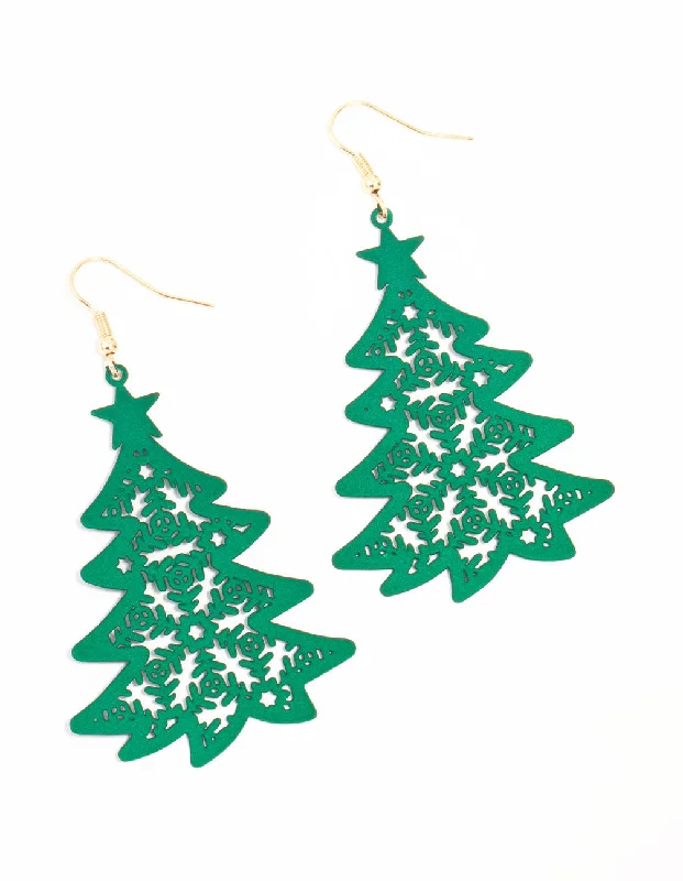 Stylish earrings with opals-Green Cut Out Tree Gold Drop Earrings