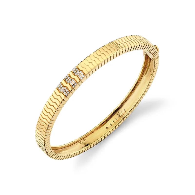 Fashionable charm bracelets with pendants-14K Yellow Gold Bangle With Three Pavé Set Lines