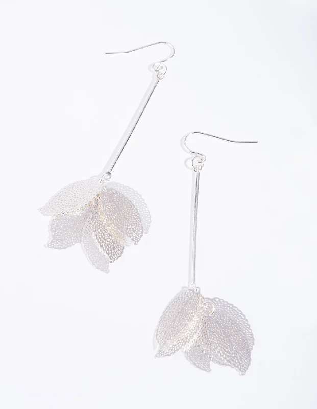 Classic hoop earrings for women-Silver Faux Leaf Cluster Drop Earrings