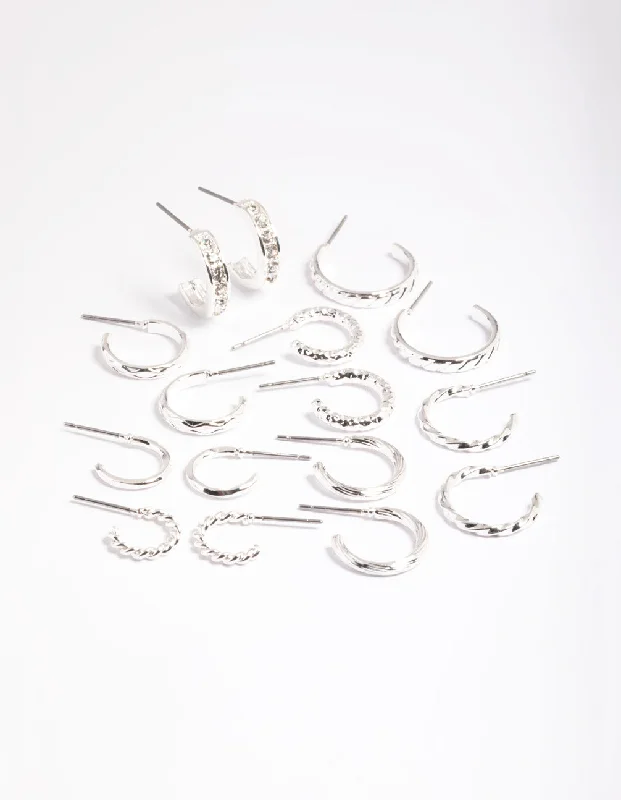 Classic gold earrings with diamond accents-Silver Mixed Diamante Hoop Earrings 8-Pack