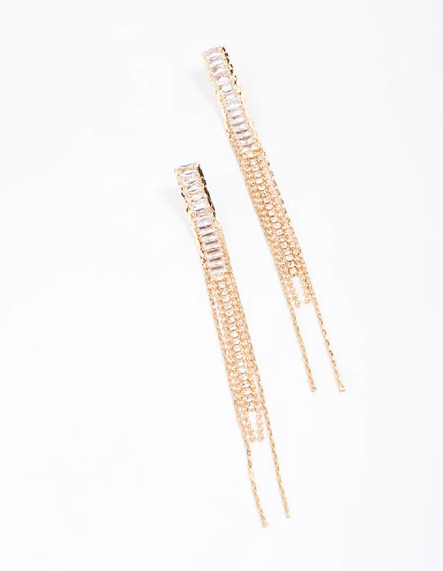 Elegant earrings with pearl accents-Gold Cubic Zirconia Chain Drop Earrings