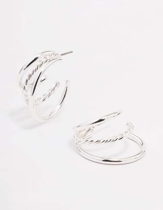 Trendy earrings with tassel designs-Silver Plain & Twisted Illusion Hoop Earrings