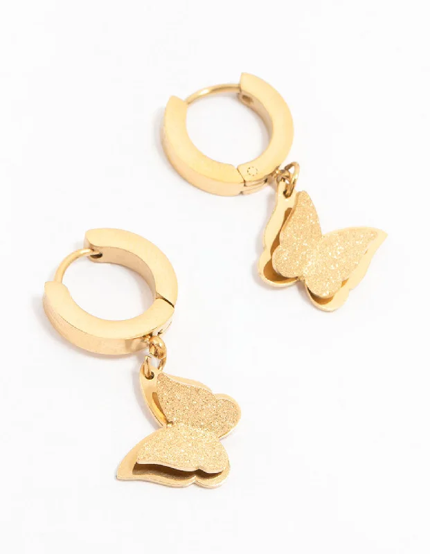 Beautiful dangle earrings for women-Waterproof Gold Plated Stainless Steel Butterfly Drop Huggie Earrings