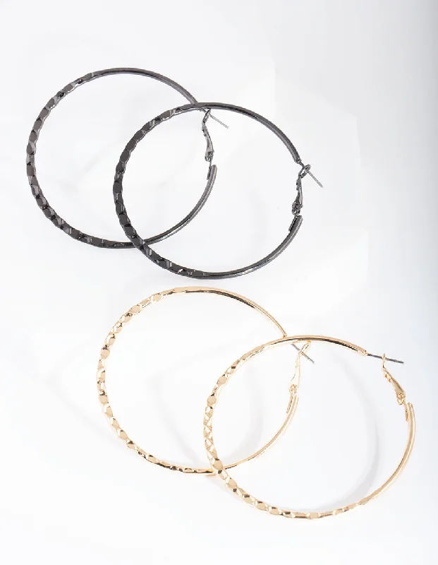 Trendy earrings with tassel designs-Mixed Metal Textured Hoop Earring Pack