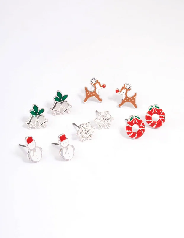 Beautiful silver earrings for women-Snowman & Wreath Enamel Stud Earrings 5-Pack