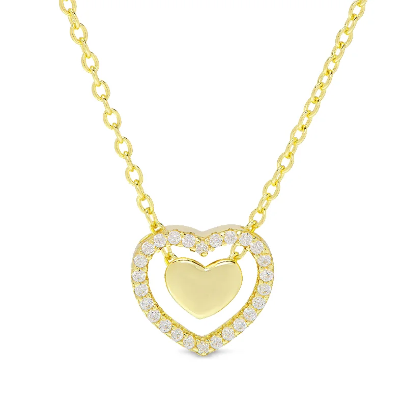 Stunning necklaces with pendants-CZ Halo and Gold Heart Necklace in 18k Gold over Sterling Silver