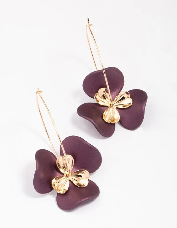 Gorgeous silver earrings with rubies-Gold & Brown Large Flower Wire Hoop Earrings