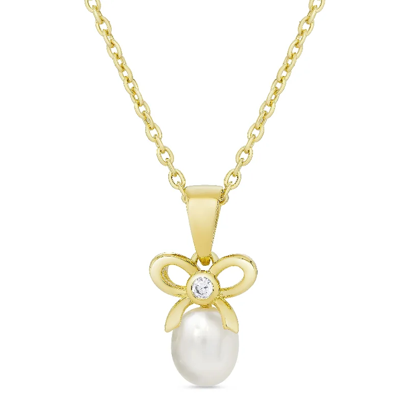 Classic pearl necklaces for women-CZ Bow and Freshwater Pearl Pendant