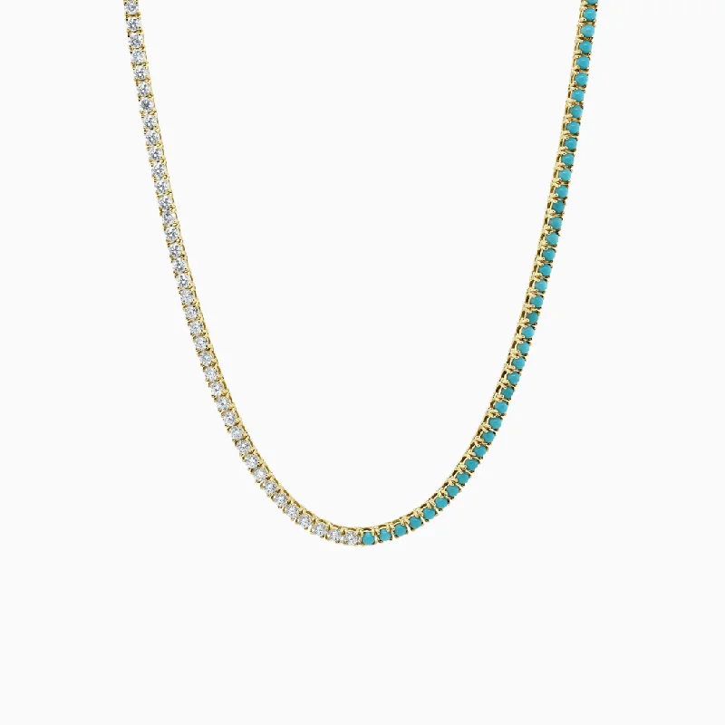 Beautiful necklaces with colored gemstones-Gold Diamond & Turquoise Tennis Necklace