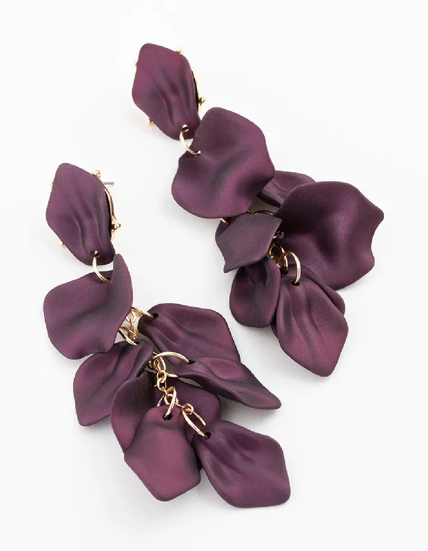 Affordable gold earrings for women-Purple Coated Petal Drop Earrings