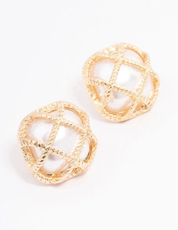 Elegant gold earrings for women-Gold Caged Pearl Stud Earrings