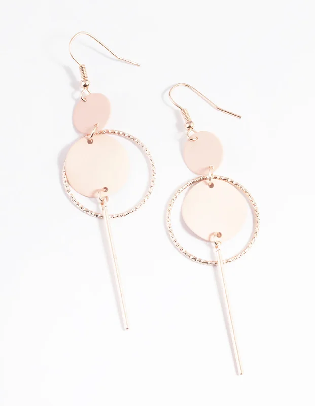 Unique earrings with fancy-cut diamonds-Rose Gold Open Disc & Stick Drop Earrings