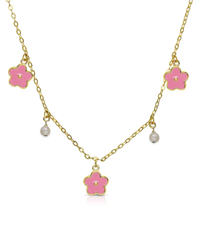 Trendy necklaces with diamonds-Flower and Pearl Charms Necklace