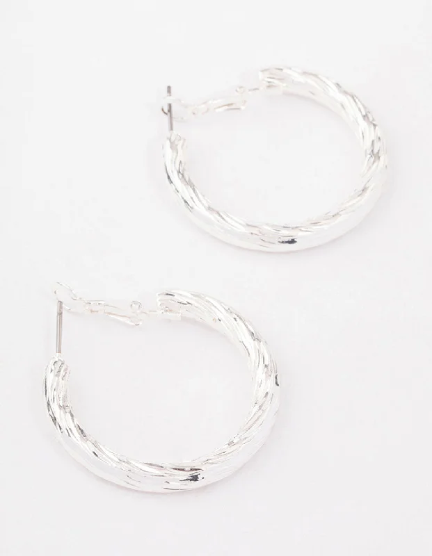 Stylish diamond earrings for women-Silver Fine Line Textured Hoop Earrings