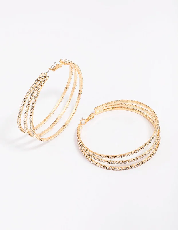 Statement earrings with sapphire accents-Gold Medium Triple Row Diamante Hoop Earrings