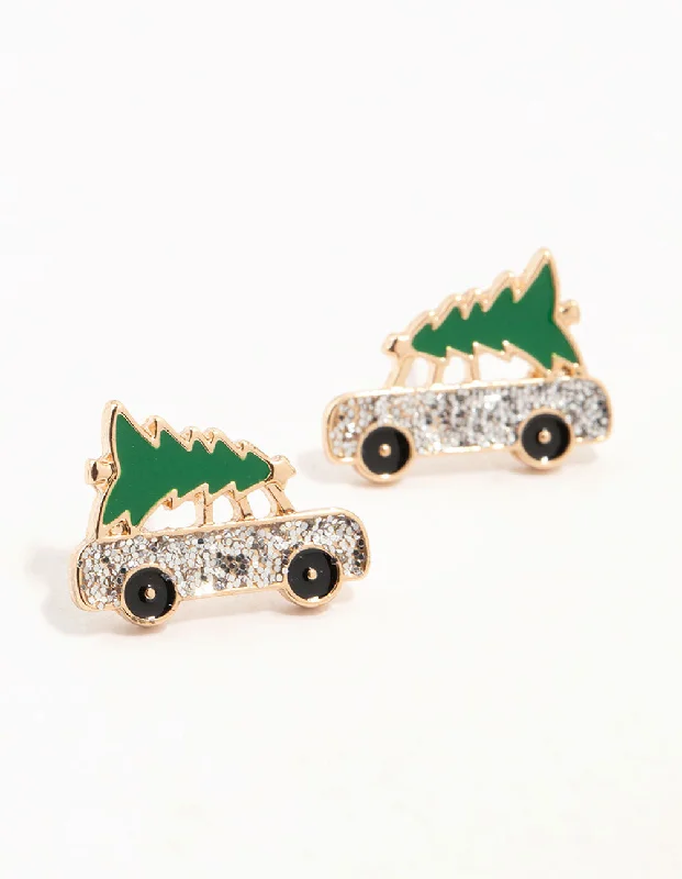 Fashionable hoop earrings with charms-Gold Mini Car & Tree Stud Earrings