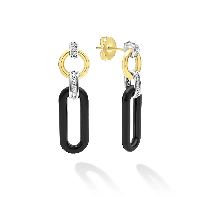 Statement earrings with colorful gemstones-Signature Caviar 18K Gold and Black Ceramic Diamond Link Drop Earrings