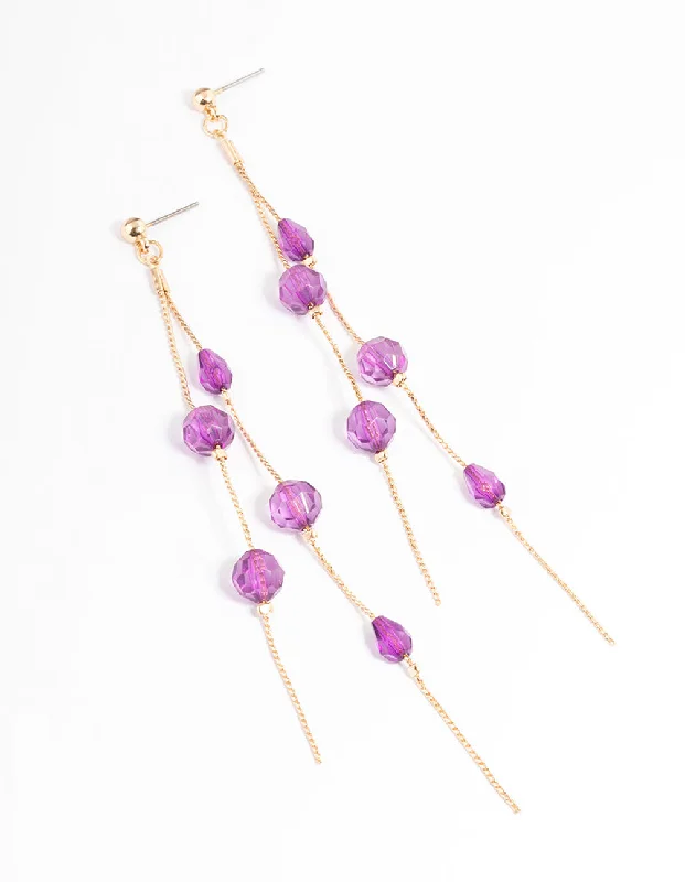 Stunning gemstone earrings with diamonds-Purple Double String Bead Drop Earrings