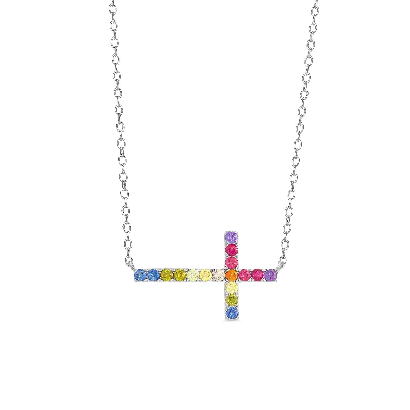 Elegant necklaces with moonstone designs-Rainbow CZ Sideways Cross Necklace