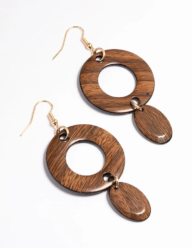 Trendy earrings with geometric patterns-Natural Wood Mixed Circle Drop Earrings