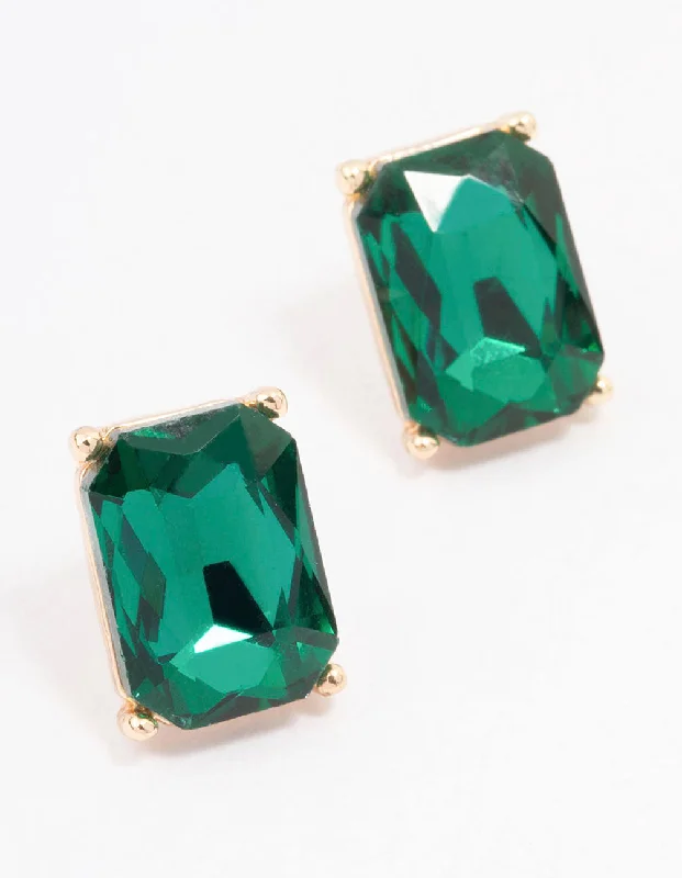 Gorgeous earrings with black pearls-Green Rectangle Stone Stud Earrings