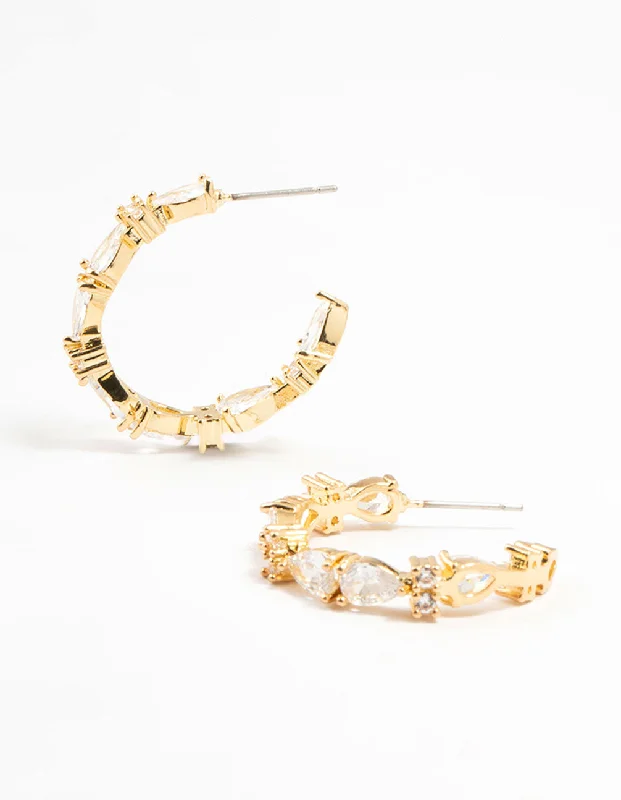 Simple gold stud earrings-Gold Plated Pear Cut Cubic Zirconia Hoop Earrings