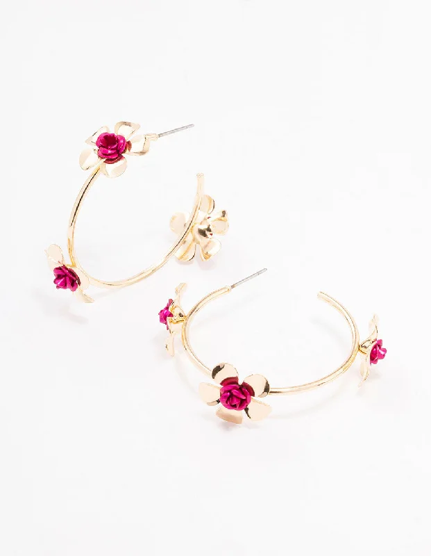 Statement earrings for women-Gold Multi Petal Flower Hoop Earrings