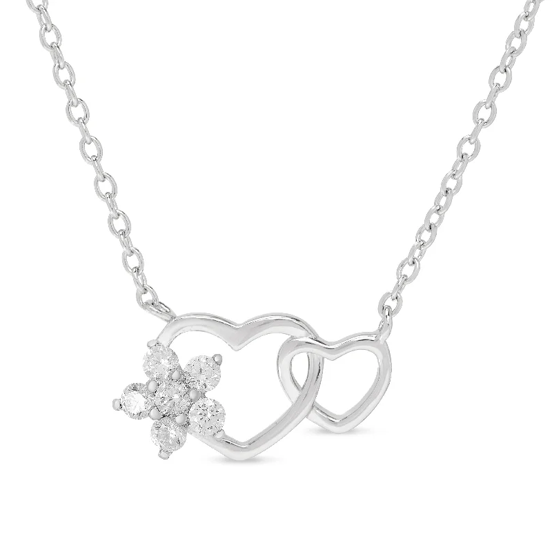 Custom-made necklaces for special occasions-CZ Flower and Double Heart Necklace in Sterling Silver