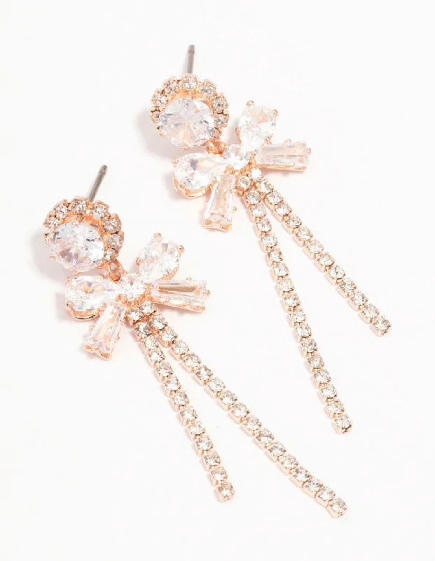 Elegant pearl earrings with gold settings-Rose Gold Plated  Bow Zirconia Cup Chain Earrings