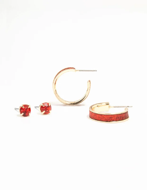 Unique earrings with topaz stones-Red Glitter Hoop Earrings & Red Diamante Stud Earrings 2-Pack