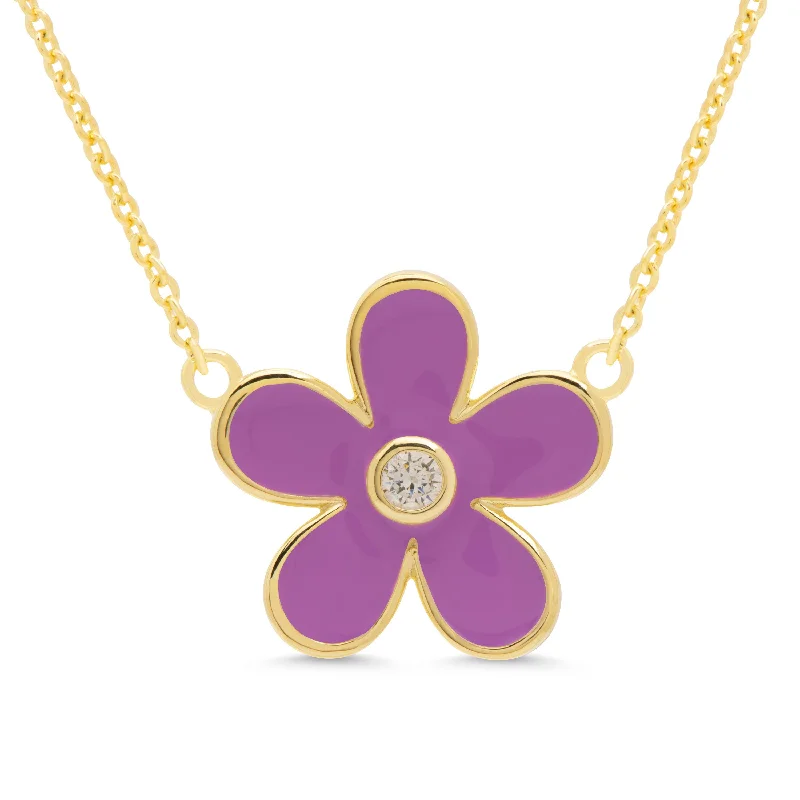 Modern silver necklaces for women-Flower CZ Pendant - Purple