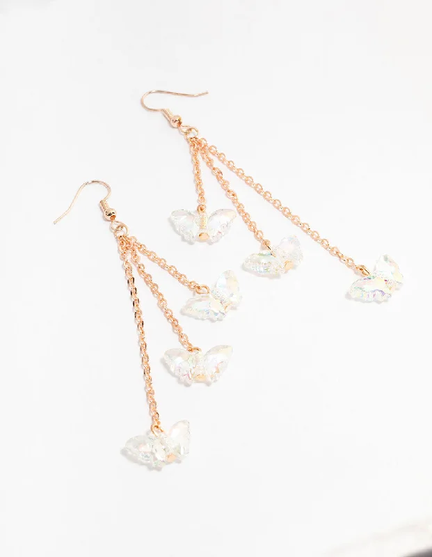 Custom-made earrings with initials-Rose Gold 3 Row Plastic Butterfly Drop Earrings