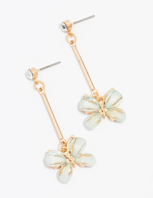 Elegant diamond earrings with gold settings-Gold Diamante Bar Butterfly Drop Earrings