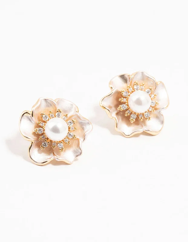 Stunning gold earrings with turquoise stones-Real Gold Plated Cubic Zirconia Pearlised Pearl Peony Earrings