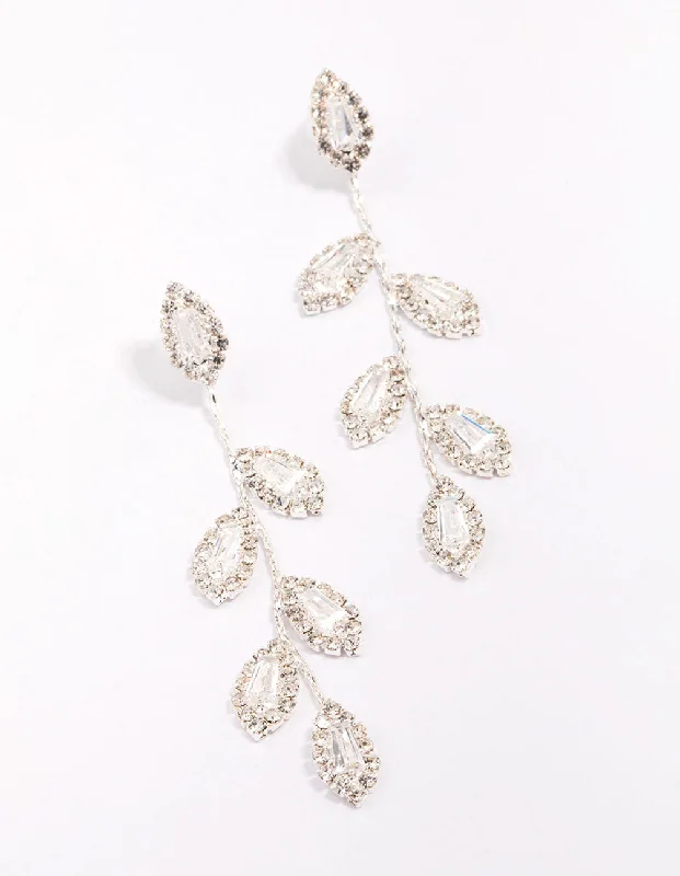 Trendy earrings with mixed metals-Silver Diamante Leaf Drop Earrings