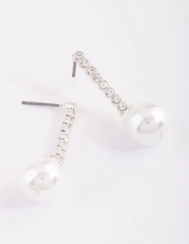 Trendy ear cuffs for women-Silver Diamante & Pearl Drop Earrings