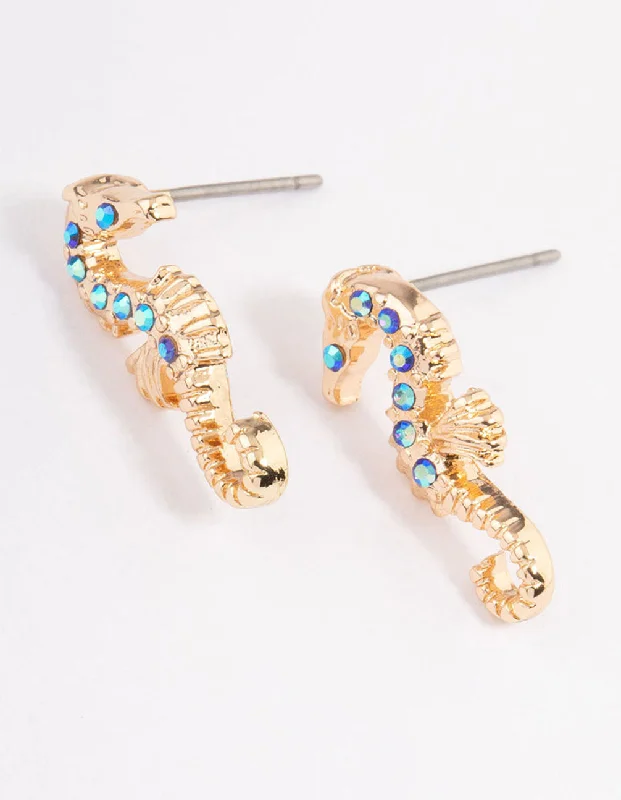 Classic gold earrings with diamond accents-Blue Diamante Seahorse Stud Earrings