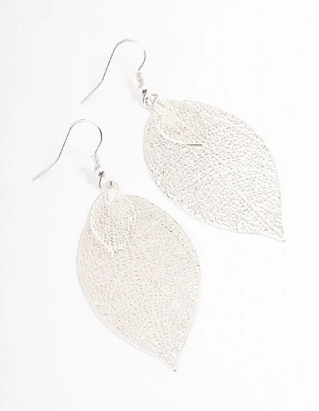 Beautiful earrings with peridot stones-Silver Double Leaf Drop Earrings