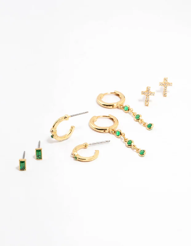 Elegant gold earrings for women-Gold Plated Emerald Cross & Round Drop Earrings 4-Pack